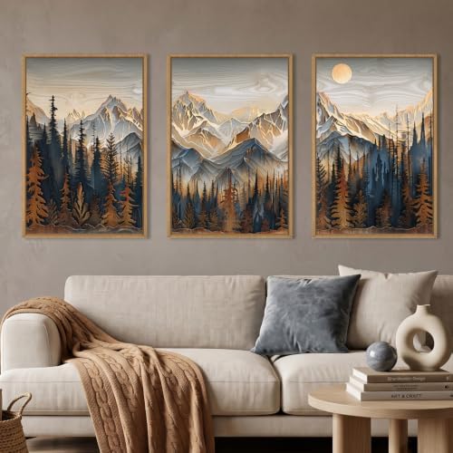 Rustic Pine Tree Mountain Framed Canvas Wall Art Set-24"x36"x3 by Celestdeco