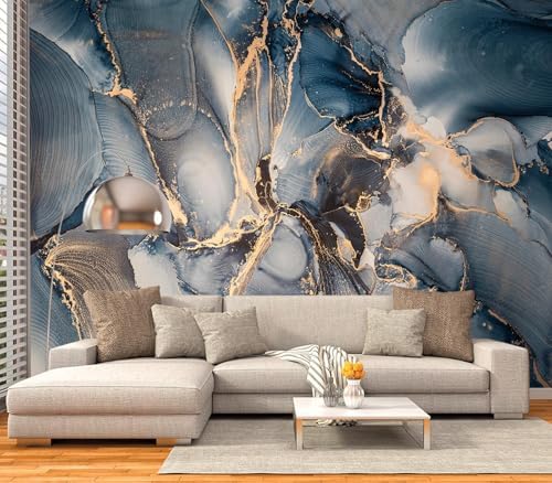 Modern Abstract Blue Gold Fluid Art Wallpaper Peel Stick - Image 3