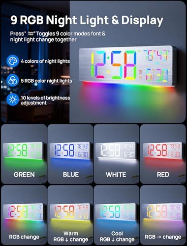MASHI 18.5" Large Digital Wall Clock, 9 RGB Color Display - Image 3