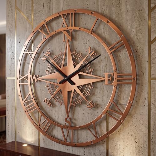 ECHORA Large Metal Compass Rose Wall Clock, Roman Numeral, Nautical Farmhouse by Unknown