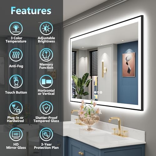 55x36 Black LED Bathroom Mirror, Backlit & Front Lit Lighted Mirror - Image 2