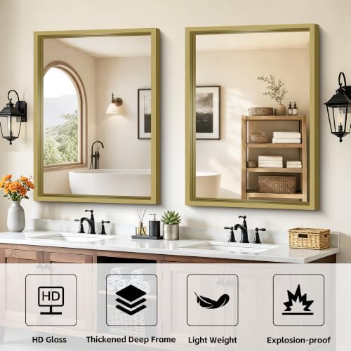 Bathroom Mirror, 30 x 42 inch Natural Wood Grain Colored Aluminum Metal Frame - Image 3