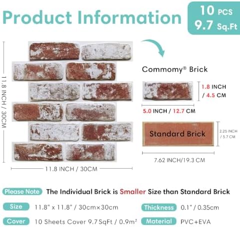 Commomy Faux Brick Peel and Stick Thin PVC 10 Pcs 11.8" x 11.8" - Image 5