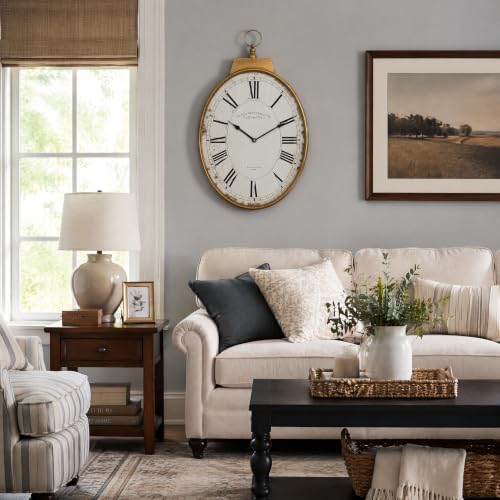 EMAX HOME Large 25-Inch Oval Wall Clock, Vintage Gold Distressed Metal Frame - Image 6