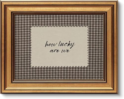 Gold Framed Wall Art, How Lucky Are We Canvas Prints, Rustic Brown Gingham by YDNAKLX