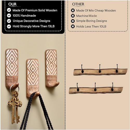 Indian Shelf 3 Boho Wood Adhesive Wall Hooks Peel Stick - Image 4