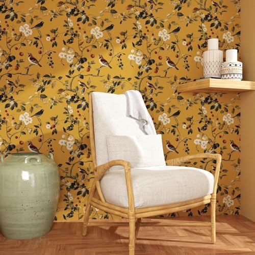 Laatse Vintage Yellow Floral Bird Wallpaper Peel and Stick 17.5"x118" - Image 4