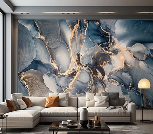 Modern Abstract Blue Gold Fluid Art Wallpaper Peel Stick by Cliouar
