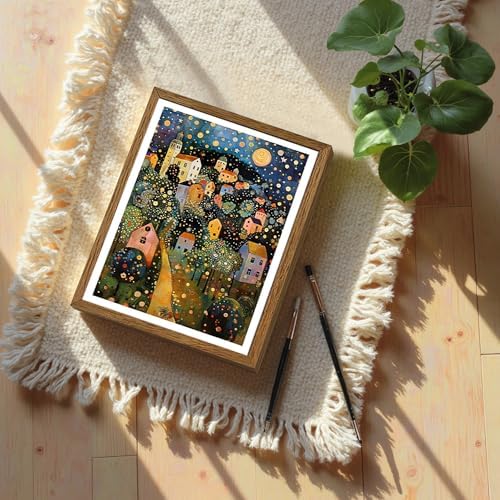 AVECCO Gustav Klimt Style Village Night Wall Art Framed Canvas 8x10 Inch - Image 3