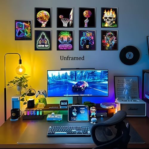 Neon Gamer and Basketball Wall Art Set of 9, Cool Gaming Headset Skull - Image 2