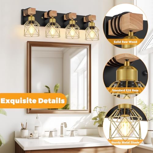 FadimiKoo Farmhouse Bathroom Vanity Light Fixtures, 4-Light Wood Bathroom - Image 3