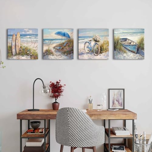 Beach Bathroom Wall Art Decor Rustic Coastal Landscape Bike Boat Surfboard - Image 4
