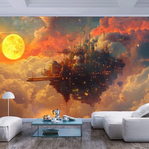 Warm Orange Gold Large Wall Mural Wallpaper Floating City in Clouds Steampunk by Unknown