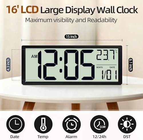 15-Inch Battery Operated Digital Wall Clock, Large LCD - Image 2