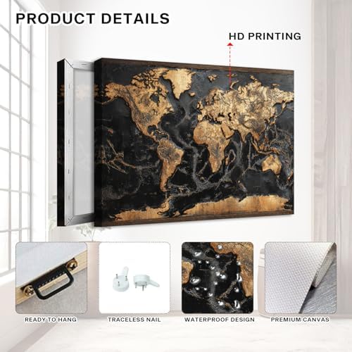 Abstract World Map Canvas Wall Art Black and Gold Wall Decor - Image 3