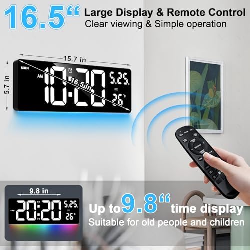 16.5" Digital Wall Clock, 6-Color Dimmable Night Light - Image 2