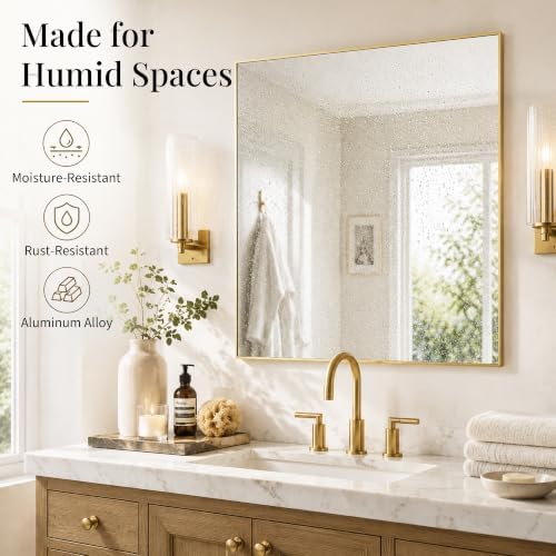36"x36" Brushed Gold Framed Square Bathroom Vanity Wall Mirror - Image 4