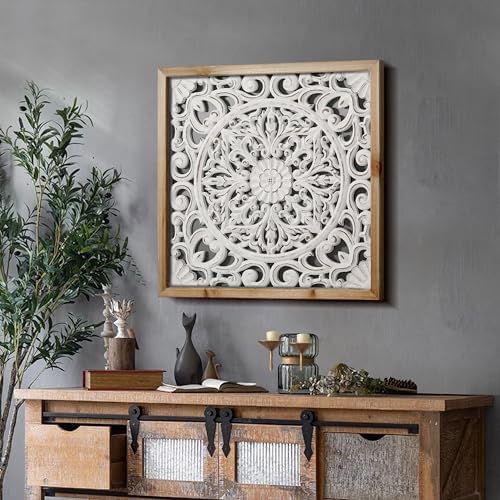 XIAOAIKA Boho Carved Wood Wall Art Panel, Floral Mandala, Distressed White by XIAOAIKA