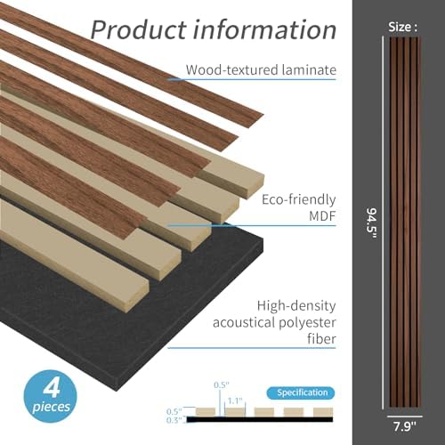 Art3d 4-Pack Soundproof Wood Slat Wall Panels, 94.5 x 7.9 Inch, Dark Walnut - Image 5