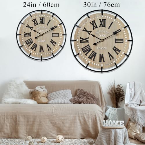 30 Inch Oversized Farmhouse Wall Clock, Metal Rustic Wood - Image 3