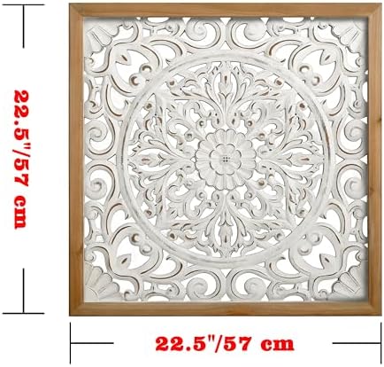 XIAOAIKA Boho Carved Wood Wall Art Panel, Floral Mandala, Distressed White - Image 2