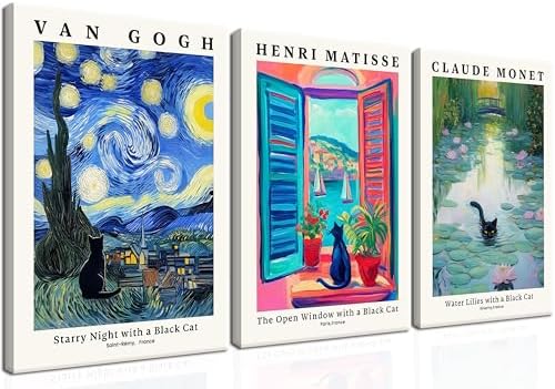 MUWAK Framed Black Cat Canvas Wall Art Set of 3 – Van Gogh Matisse Monet by MUWAKWallArt