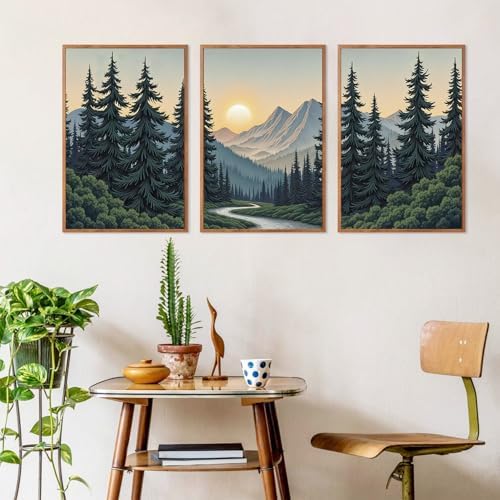 HLNIUC Boho Mountain Sun Forest Framed Canvas Wall Art, Large Nature Sunrise - Image 2