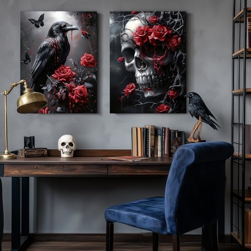 Hianan Wrapped Canvas Dark Goth Crow Rose Skull Wall Art Set of 3, 16x24 in - Image 5