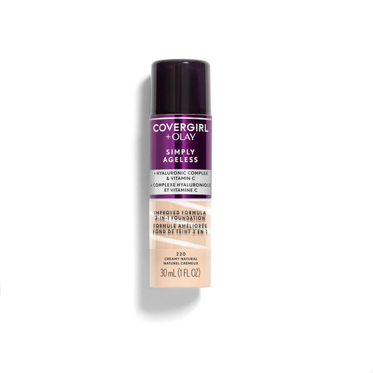CoverGirl & Olay Simply Ageless 3-in-1 Liquid Foundation, Matte Finish, Hyaluronic & Vitamin C Formula, Creamy Natural, 1 Count