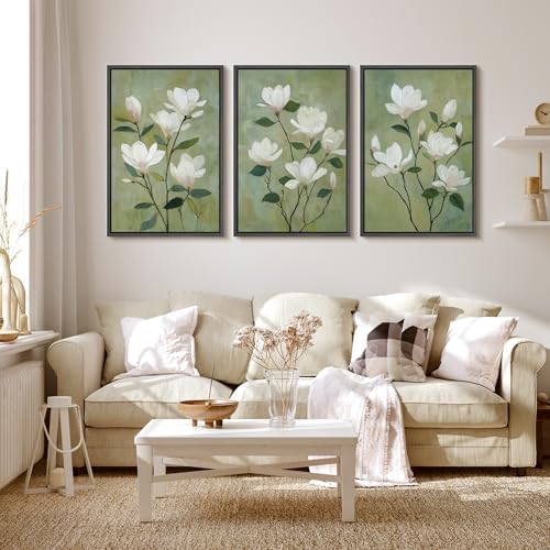 MUDECOR Framed Canvas Print Wall Art White Magnolia Floral Soft Green Botanical - Image 2