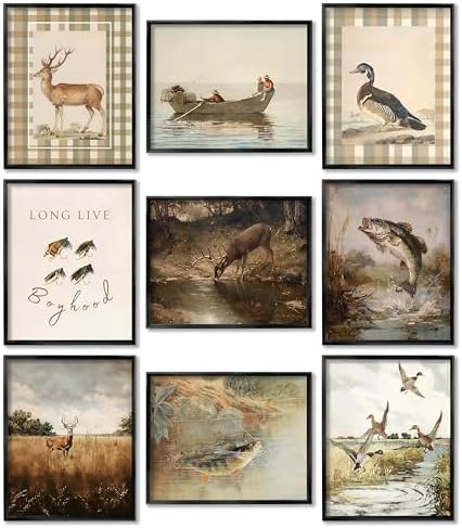 Vintage Nursery Wall Art Set of 9, Baby Boy Hunting Prints 8x10 Unframed by Unknown