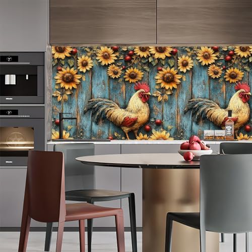 Peel and Stick Mural Sunflowers Rooster Removable Wallpaper 17.3"x118" Self - Image 5