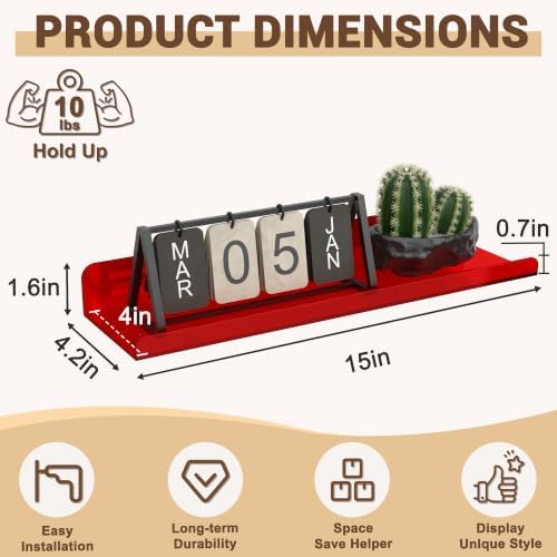 Qukaka 15" Floating Shelves for Wall, 3 Pack Clear Red Display Ledges - Image 3