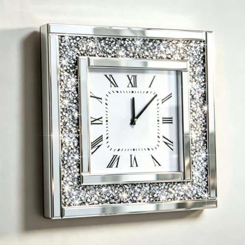 DMDFIRST Silver Square Mirror Clock 20x20inches Crystal Sparkle Twinkle Bling - Image 3