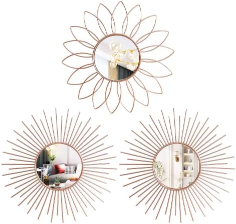 3 Pack Metal Mirrors for Wall Sunburst Wall Mirror Rose Gold Wall Art Décor by Uaussi