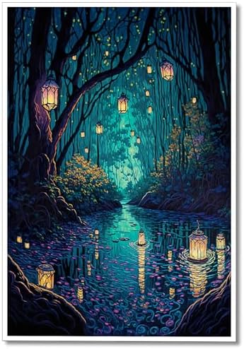Yuaruo Halloween Fantasy Forest Canvas Wall Art, Magic Cool Lanterns on Trees by Yuaruo