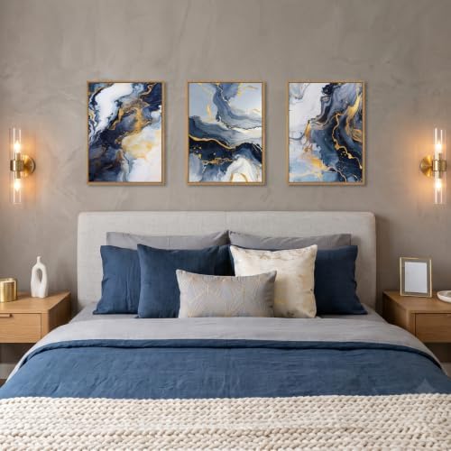 Abstract Navy Blue Framed Canvas Wall Art, Modern Gold Geometric Wall Decor - Image 4
