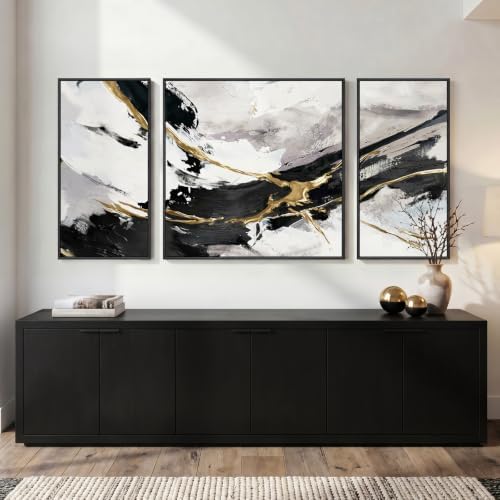 Extra Large Framed Black White and Gold Abstract Wall Art - Image 2