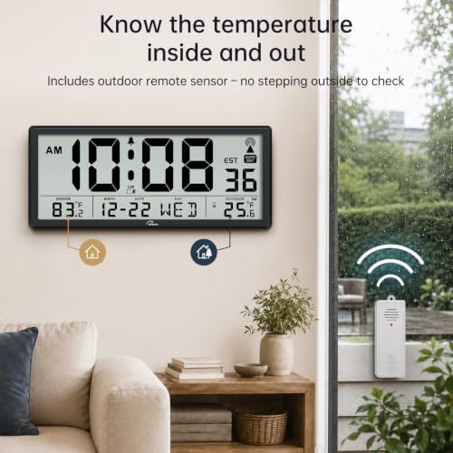 WallarGe Backlight Atomic Wall Clock Battery Operated, Indoor/Outdoor Temp - Image 4
