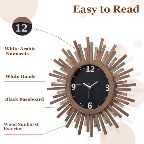 Honiway 18 Inch Large Wall Clock, Battery Operated, Rustic Wood Boho Sunburst - Image 4