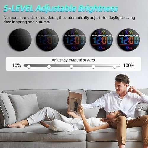 8in Round Digital Wall Clock, RGB Color Display, Auto DST, Temperature - Image 6