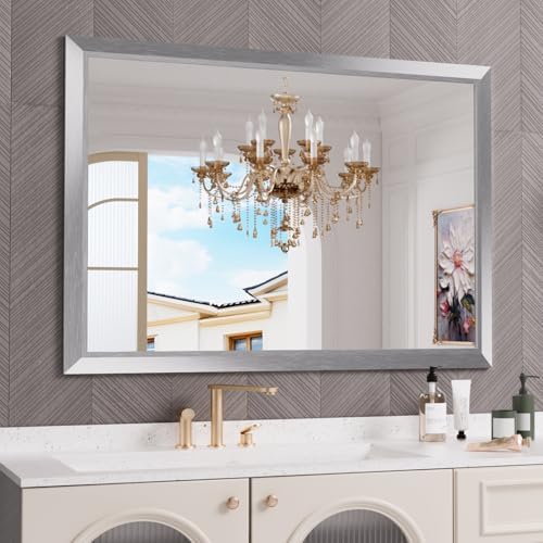 Amorho Bathroom Mirror for Wall 50x36 Inch, Brushed Silver Metal Framed by Amorho