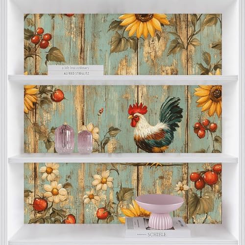 Sunflowers Rooster Peel and Stick Wallpaper 17.3"x236" Wood Vintage Non-Woven - Image 4