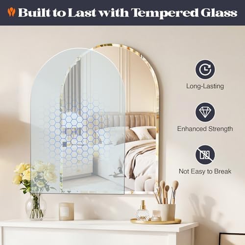 Frameless Bathroom Mirror, 28x42 Arched Beveled Vanity Wall Mirror - Image 5