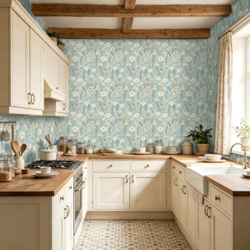 Boho Pale Blue Daisy Floral Peel and Stick Wallpaper 17.5" x 118" - Image 6