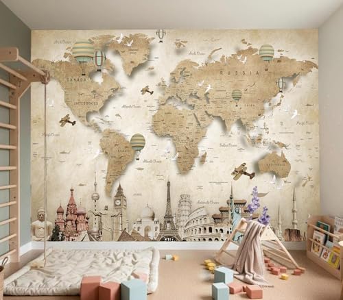Vintage World Map Landmarks Hot Air Balloon Kids Wallpaper by Unknown