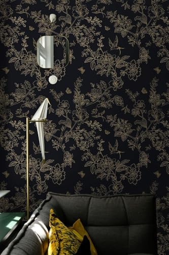 Froluya Black Gold Floral Wallpaper Peel and Stick Wallpaper 17.7in×590.5in - Image 2