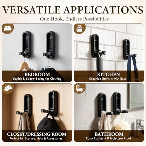 Folding Wall Hooks, 2 Pack Black Heavy Duty Coat Hooks, Screw Mounted - Image 6
