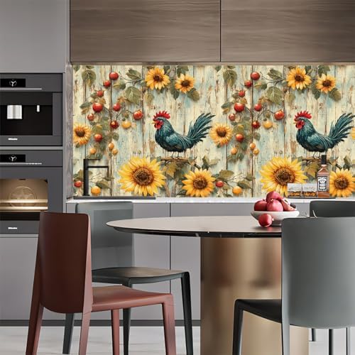 Sunflowers Rooster Peel and Stick Wallpaper Artistic Wood Vintage Pattern - Image 5