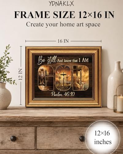 Gold Framed Wall Art, Christian God Canvas Prints, Lion and Lamb Cross Picture - Image 2